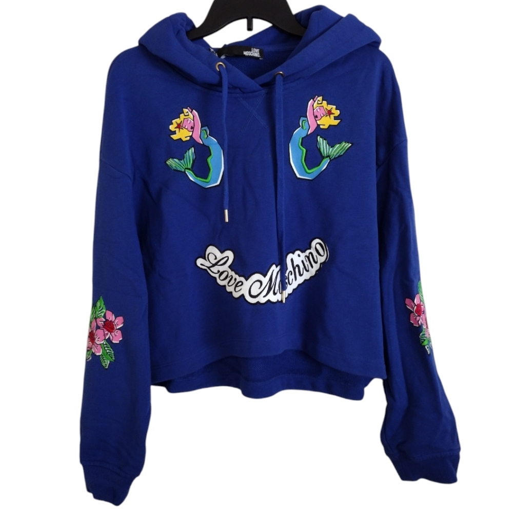 Love Moschino rare royal blue mermaid floral cropped hoodie cotton blend Size 6